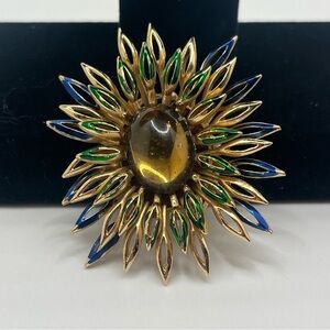 Vintage Crown Trifari Sunburst Brooch Gold Tone Enamel Floral 1960s